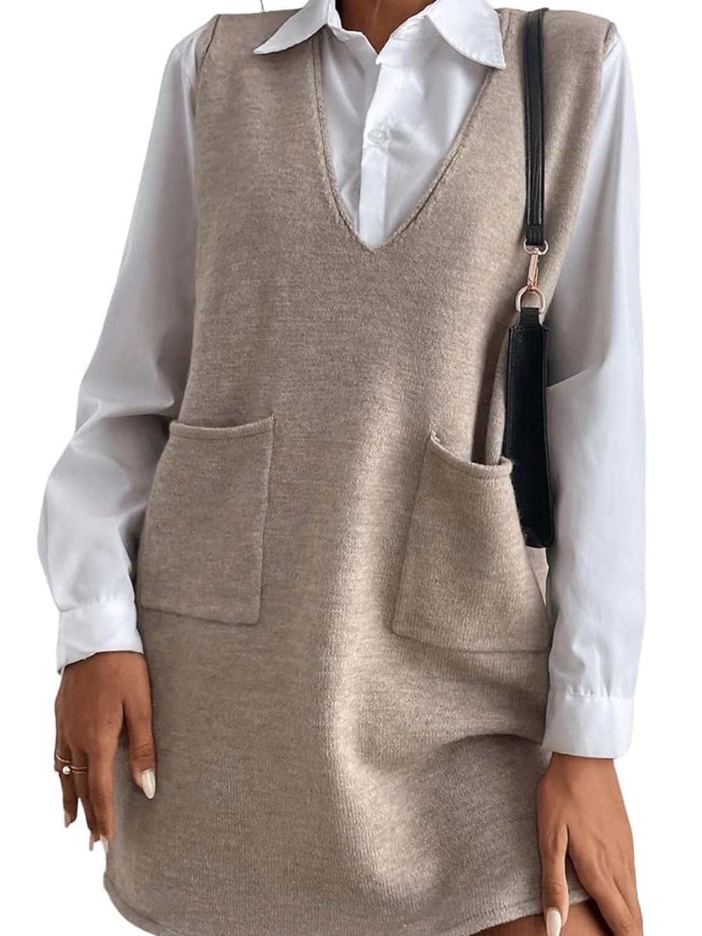 Beige V-Neck Pocket Sweater Dress - Women's Sweater